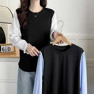 春款上衣女大码2025新款胖m200斤时尚条纹拼接显瘦遮肚假两件卫衣