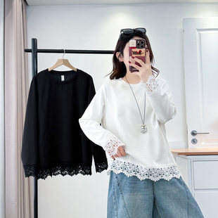蕾丝拼接打底衫女大码2026春季新款胖妹妹时尚漂亮遮肚子长袖上衣
