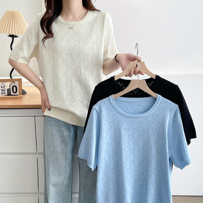 大码针织衫女短袖爱心镂空t恤衫