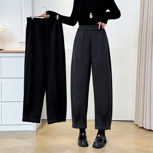 加绒加厚裤子女胖mm大码宽松2025秋冬新款小个子松紧腰九分灯笼裤