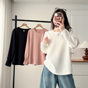 春款 显瘦遮肚长袖 外穿2026新款 褶皱袖 t恤 胖mm200斤时尚 上衣女大码