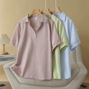大码 2024新款 女装 时尚 胖mm夏季 翻领条纹宽松显瘦遮肚子套头衫 短袖