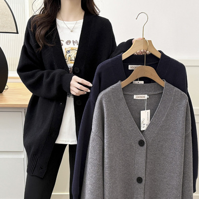 大码毛衣中长款v领针织衫外套女