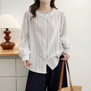 胖妹mm200斤宽松遮肚子长袖 条纹衬衫 新款 圆领2026春季 上衣 女大码