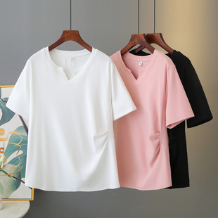 时尚 大码 新款 女2026夏季 褶皱收腰显瘦遮肚上衣 胖妹妹200斤t恤短袖