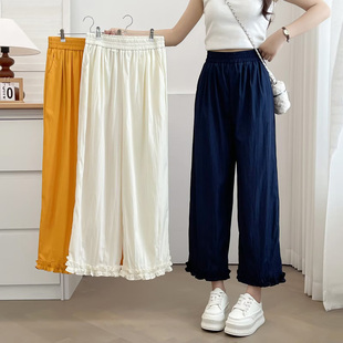 裤子女大码直筒2025夏季新款胖mm200斤松紧腰木耳花边宽松九分裤