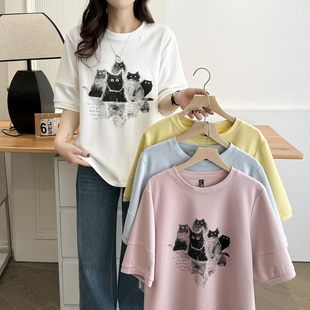 胖mm200斤猫咪印花遮肚子半袖 大码 新款 正肩2025夏季 上衣 t恤女短袖