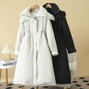 羽绒服女长款大码冬季胖mm高个子长款抽绳收腰连帽白鸭绒保暖外套