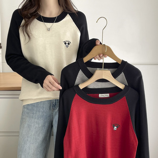 2024年秋冬新款 女胖mm遮肚打底衫 卡通刺绣拼色圆领毛衣 大码 针织衫