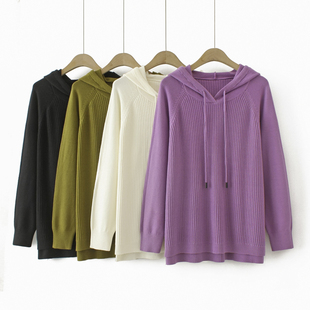 坑条连帽宽松休闲针织衫 胖mm200斤韩版 2023年新款 毛衣秋冬女大码