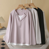 大码 拼色显瘦假两件上衣 时尚 t恤女正肩胖mm遮肚长袖 2025早秋新款