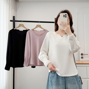 显瘦遮肚子打底衫 胖妹妹休闲t恤女长袖 小v领褶皱袖 200斤春装 大码
