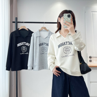 翻领字母印花长袖 正肩卫衣胖mm大码 200斤时尚 新款 上衣女 2025秋季