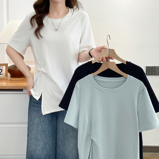 侧抽褶不规则开叉短袖 t恤女2026新款 胖妹妹时尚 正肩夏装 上衣 大码
