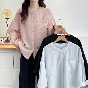 胖mm200斤松弛感前短后长休闲中袖 宽松2025新款 上衣 女夏大码 衬衫