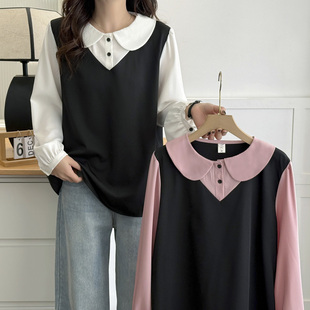 胖mm200斤时尚 女大码 减龄遮肚拼色娃娃领上衣 2025新款 假两件衬衫