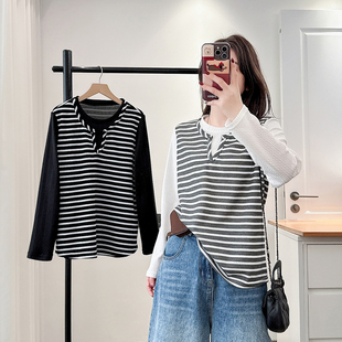 减龄条纹拼接小衫 假两件上衣女大码 胖mm200斤时尚 新款 2026年春季