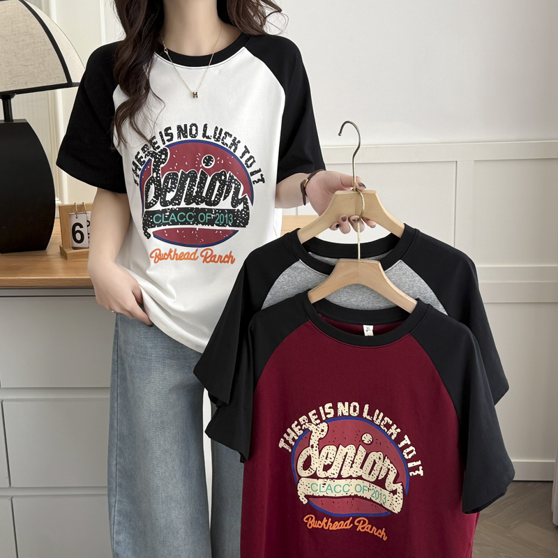 大码短袖上衣女拼色插肩袖t恤衫