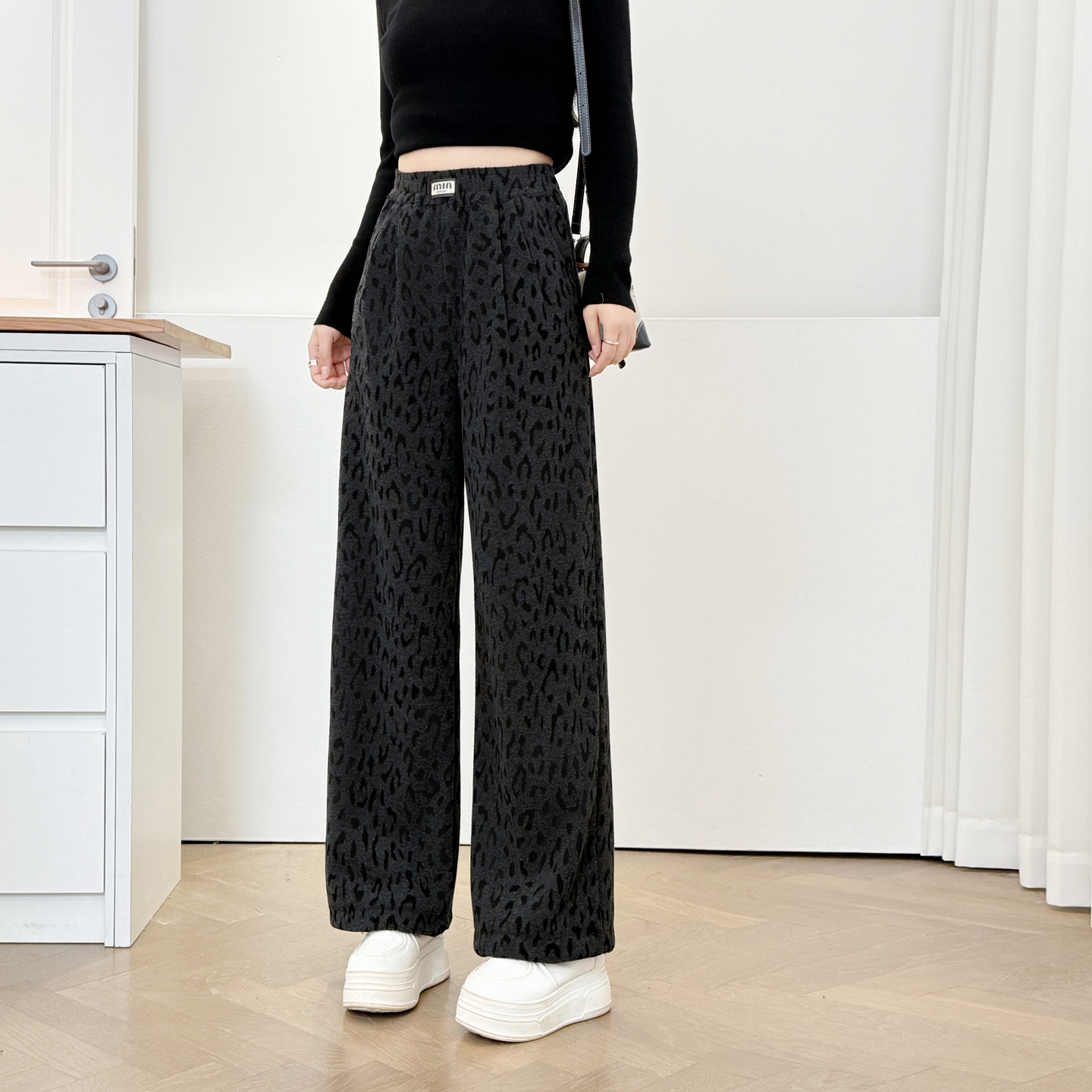 胖妹妹加绒裤子女大码豹纹直筒裤