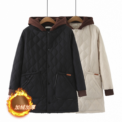 中长款棉服大码拼色连帽加绒棉衣