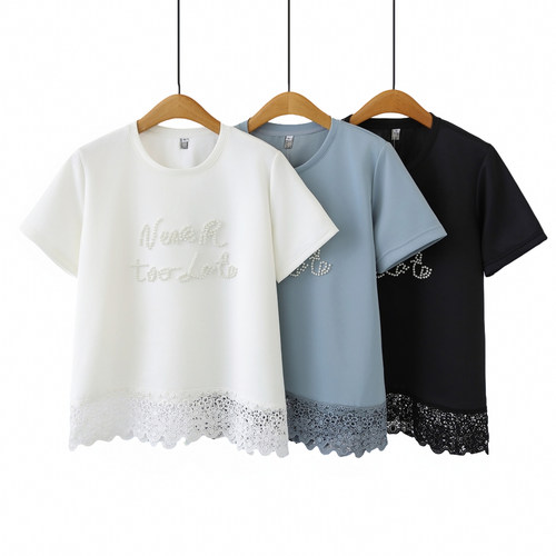 大码胖mmt恤女蕾丝花边钉珠短袖