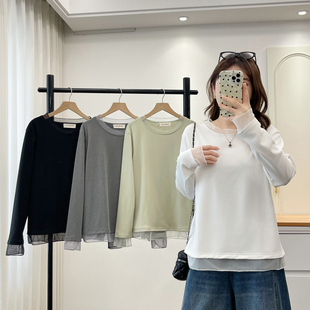 大码打底衫女款2026年爆款洋气百搭内搭可外穿网纱拼接假两件上衣