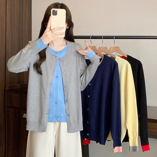 女2025新款 减龄撞色拼接假两件开衫 胖妹妹上衣秋季 时尚 大码 针织衫