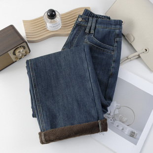 200斤半松紧腰加绒直筒长裤 女款 2024年秋冬新款 胖妹妹大码 牛仔裤