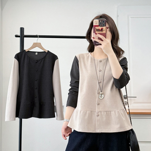 胖妹妹遮肚子春款上衣女2026新款大码200斤显瘦撞色拼接长袖小衫