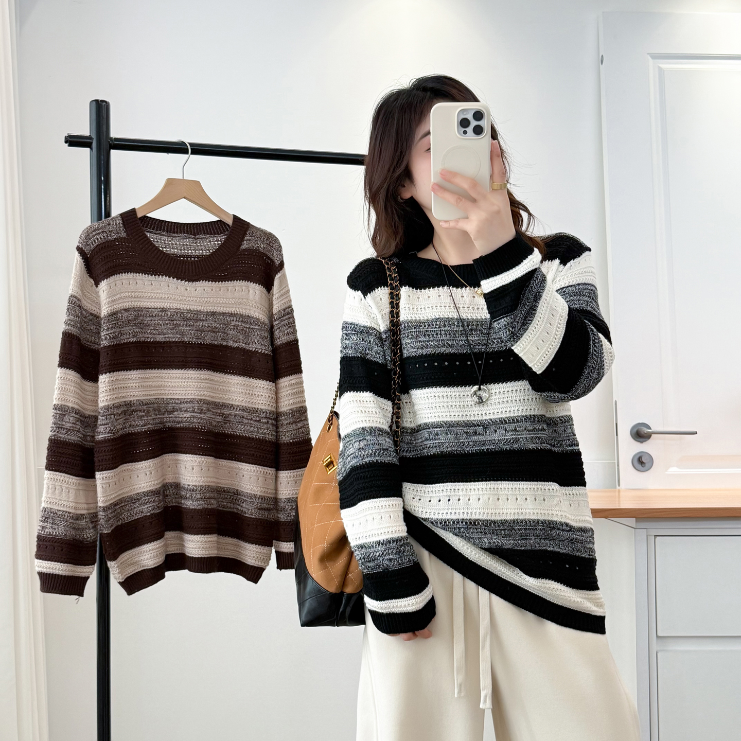 胖妹妹大码针织衫女镂空条纹毛衣