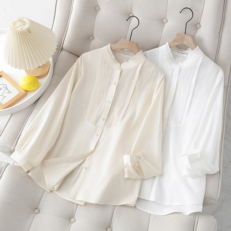 立领衬衫女大码胖mm秋季2024年新款韩版时尚洋气花边拼接长袖上衣