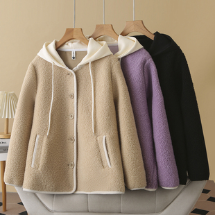 颗粒绒皮毛一体拼色连帽上衣 胖m200斤时尚 外套女大码 2025秋冬新款
