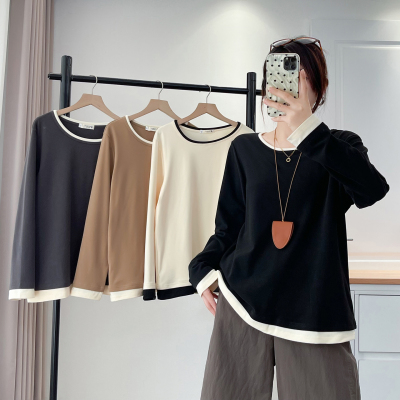 胖mm正肩打底衫女撞色假两件上衣