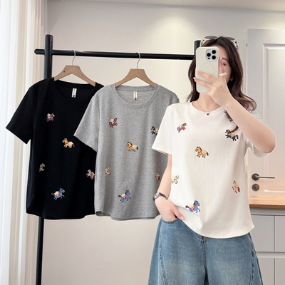 胖mmt恤短袖大码小马印花半袖女