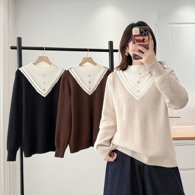 假两件针织衫大码加绒半高领毛衣