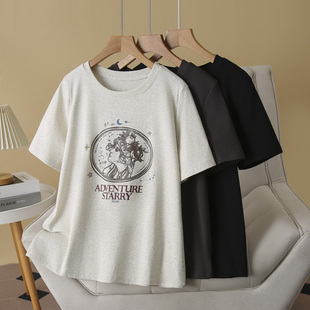 正肩t恤女200斤夏季 复古印花显瘦半袖 2025新款 胖妹妹时尚 短袖 大码