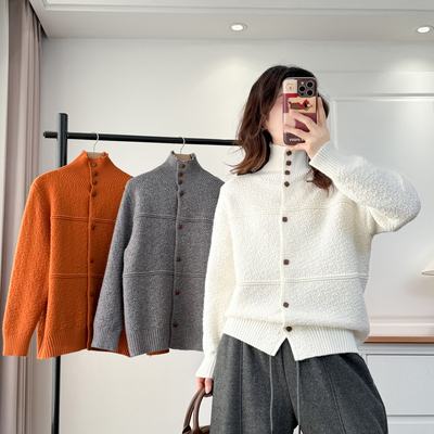 高领毛衣女大码设计感开衫针织衫