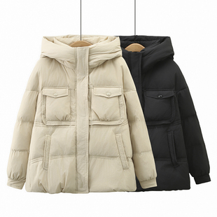 宽松大口袋连帽短款 大码 时尚 2023新款 白鸭绒外套 羽绒服女胖mm冬装