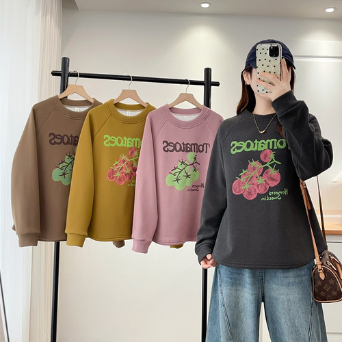 加绒卫衣大码宽松西红柿印花上衣