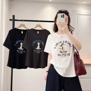 宽松遮肚子半袖 200斤夏季 t恤 上衣女显瘦滑板狗印花大码 胖妹妹短袖