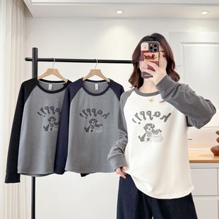 拼色插肩袖 大码 印花内搭 2025秋冬新款 胖妹妹显瘦遮肚子减龄打底衫