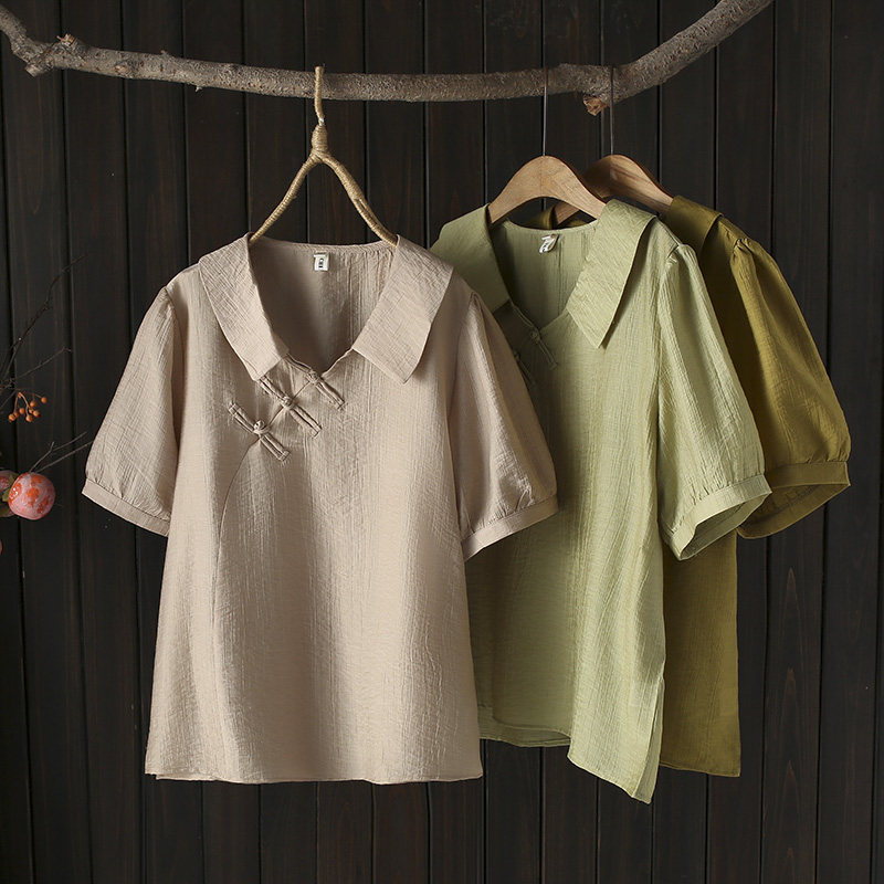 大码胖mm新中式短袖上衣女2024夏季新款国风盘扣翻领宽松半袖衬衫,女装/女士精品,T恤,淘宝优惠券,粉丝福利购,淘宝优惠卷