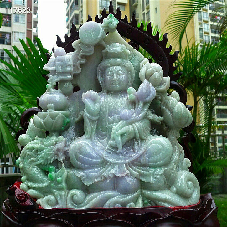 天然老坑种莲花观音摆件翡翠