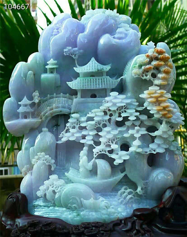 正品天然翡翠A货老坑种 紫罗兰高山流水摆件 配鉴定证书