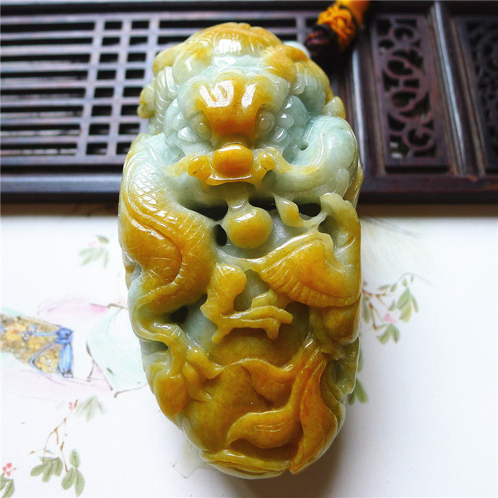 正品天然翡翠A货老坑种翡翠 龙凤手玩件 配鉴定证书
