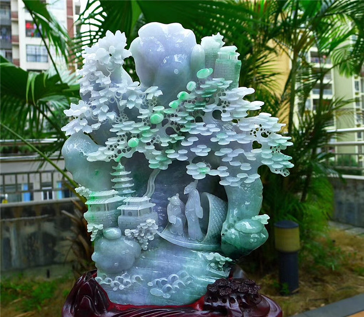 缅甸天然翡翠A货老坑种 精雕高山流水摇钱树摆件 配证书
