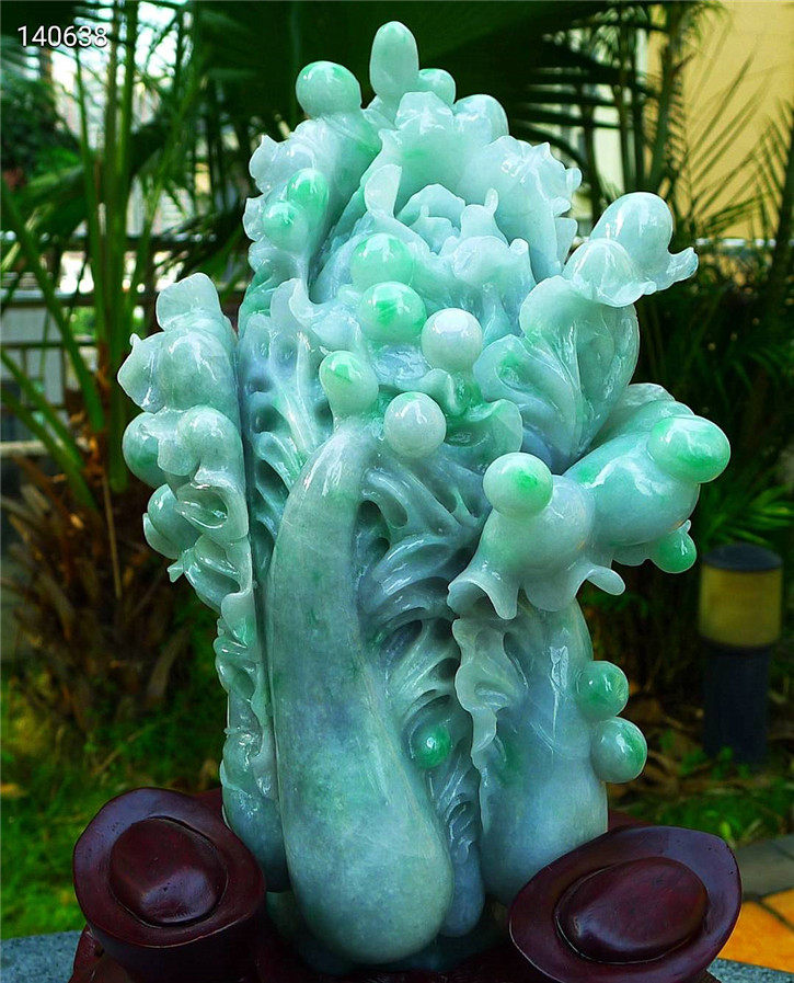 缅甸天然翡翠A货老坑种 精雕八方来财白菜摆件 配证书