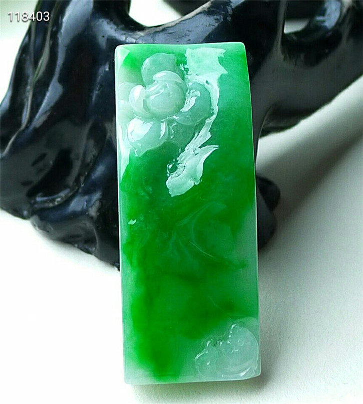 天然翡翠A货老坑种翡翠 精美阳绿色荷花鱼吊坠 配鉴定证书