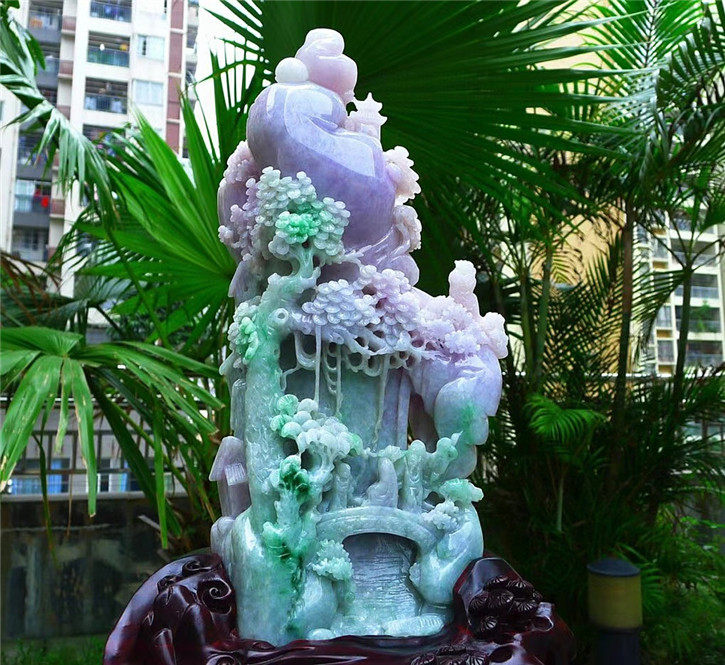 天然翡翠A货老坑种精雕高山流水摆件配证书