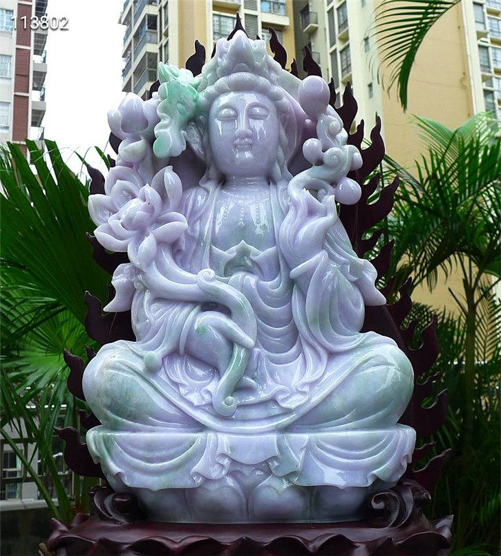 缅甸天然翡翠A货老坑种 精雕紫罗兰观音摆件 配证书